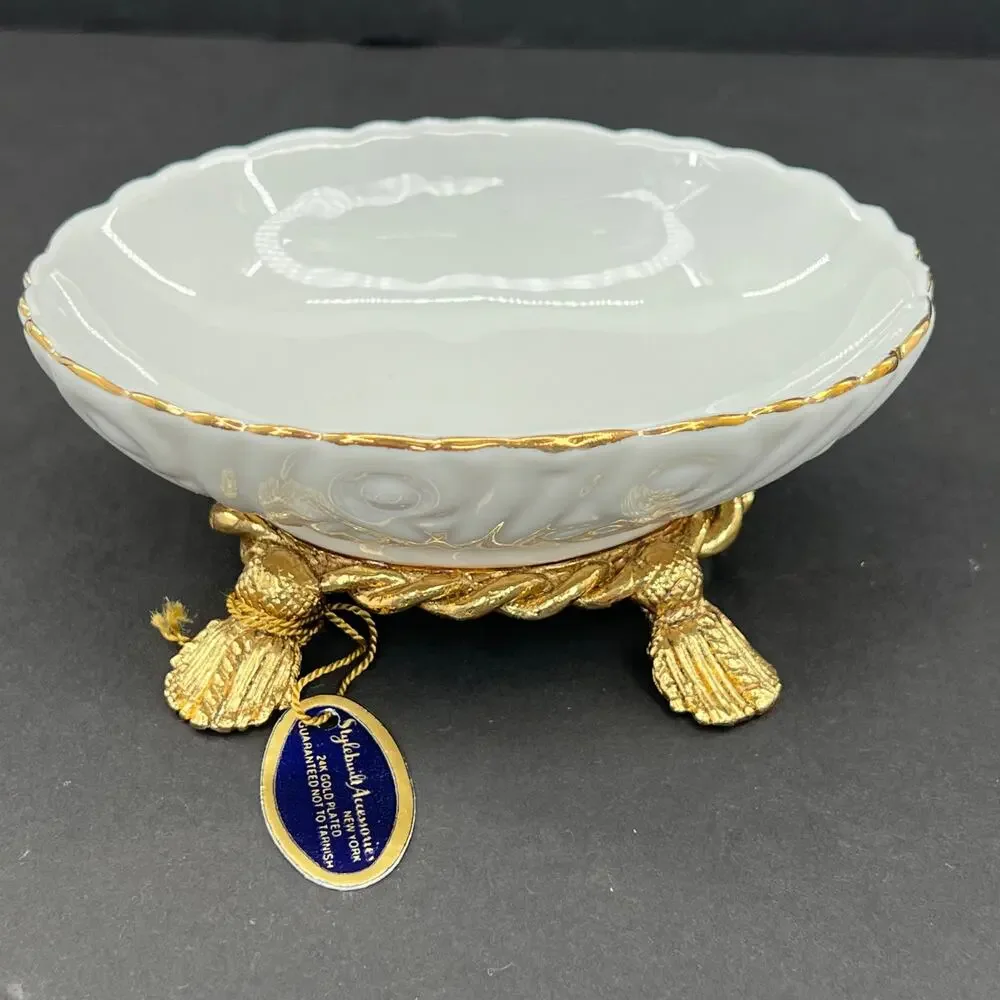 Stylebuilt Gold Plated Ormolu Porcelain Tassel Soap Dish and Toothbrush Holder
